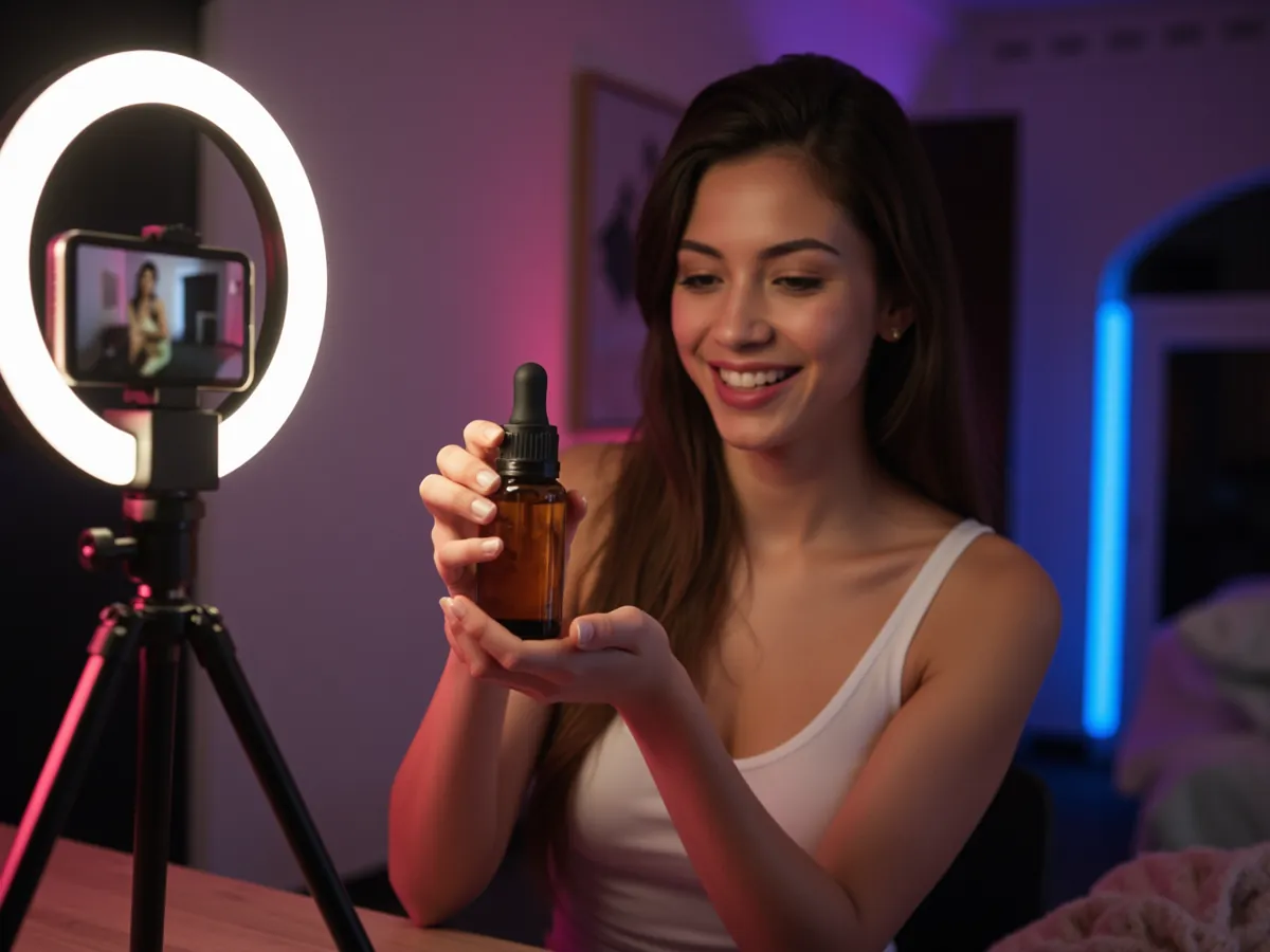 A smiling creator presents a skincare bottle to her phone camera, lit by a ring light.